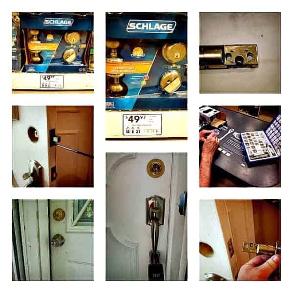 collage of pictures of new door locks and changing old door locks