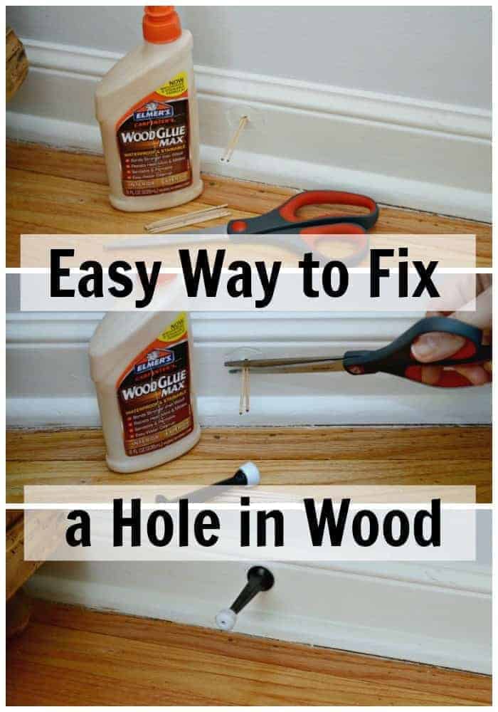 collage of process of fixing screw holes in wood trim 