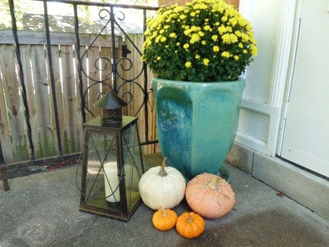 A planter with flowers and pumpkins on a porch