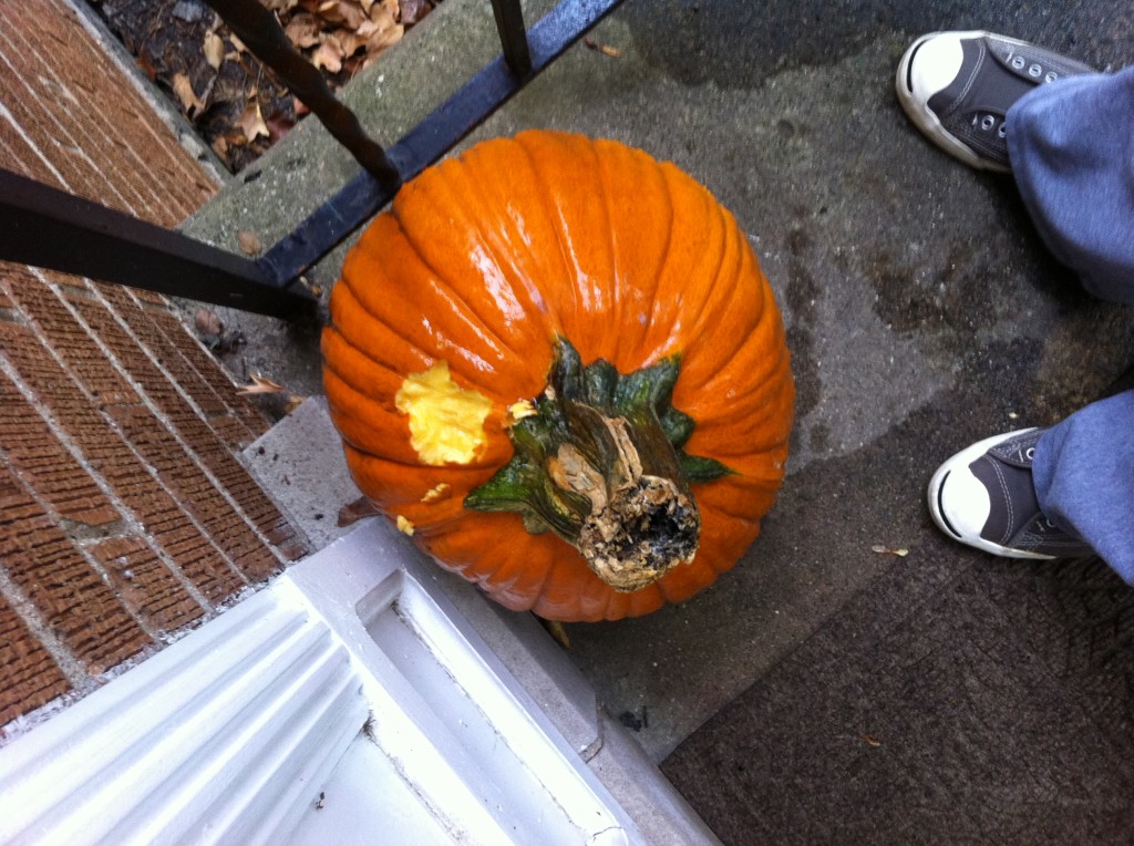 large orange pumpkin on porch with a huge hole nibbled out of it