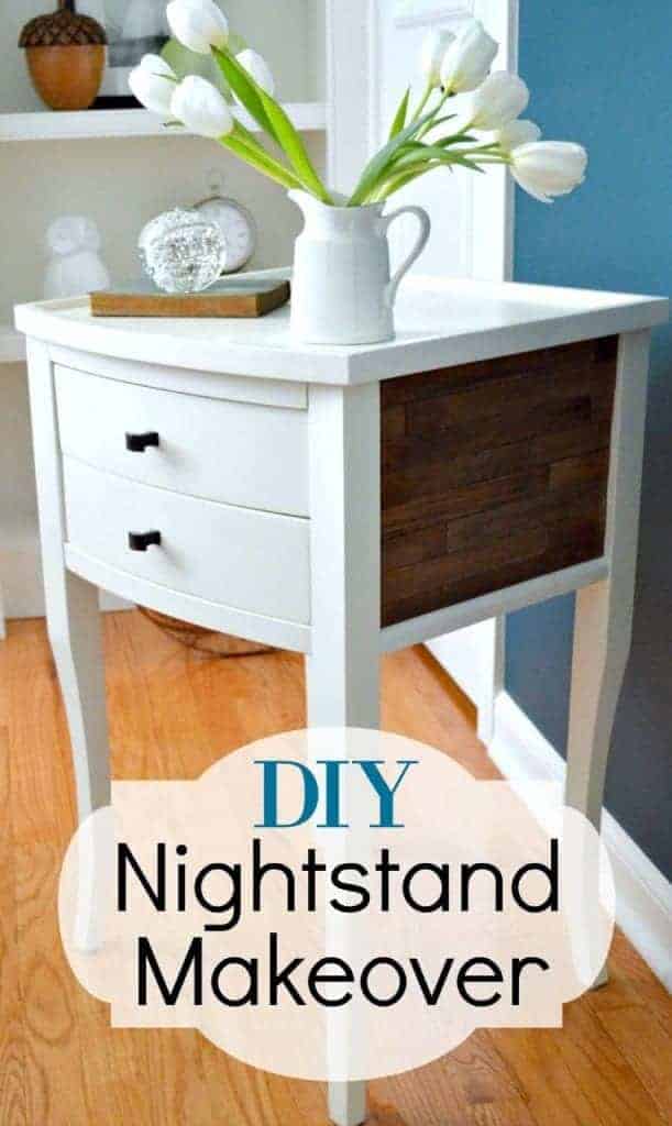 white wood nightstand with rustic sticks on the side and a flower vase on top