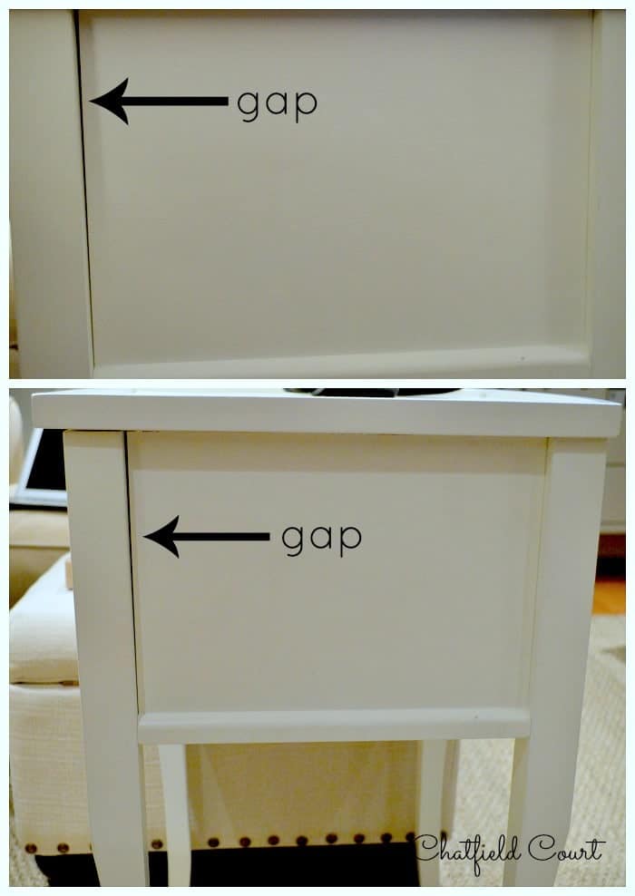 gap in seam on side of white wood nightstand