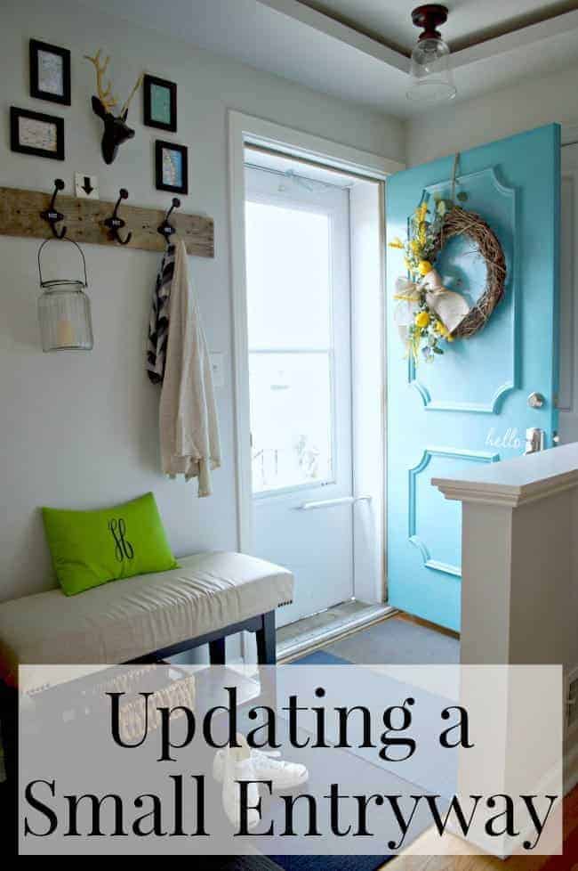 Entryway Updates upholstered bench and turquoise front door | www.chatfieldcourt.com