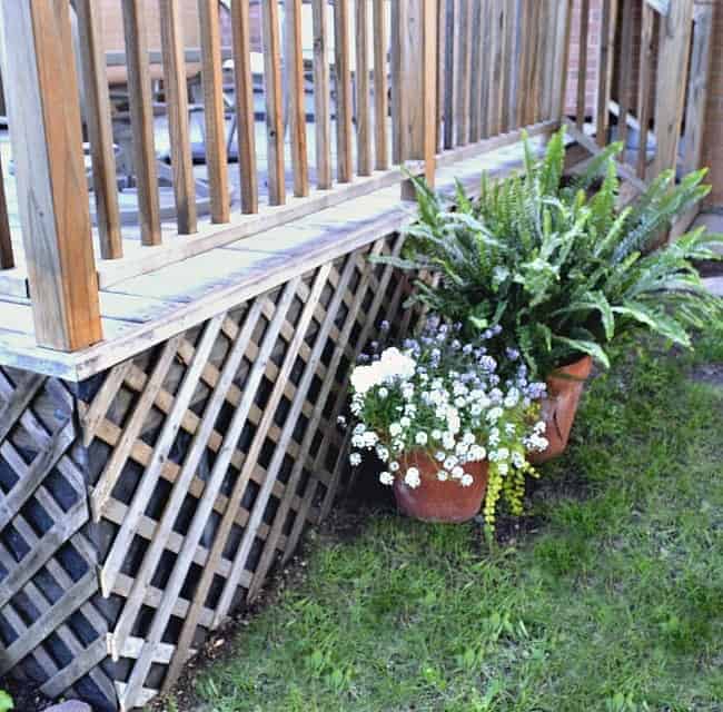 lattice under a deck with pots of flowers