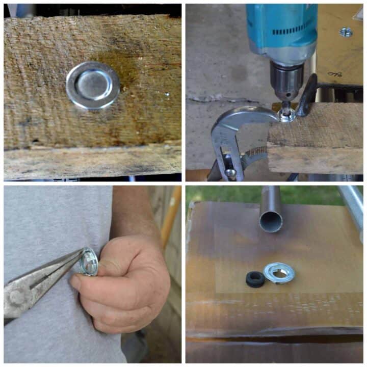collage showing how to drill a hole in an end cap for the conduit pipe