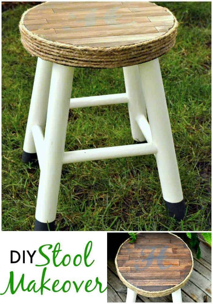 DIY stool makeover using paint sticks, stain and twine. | www.chatfieldcourt.com