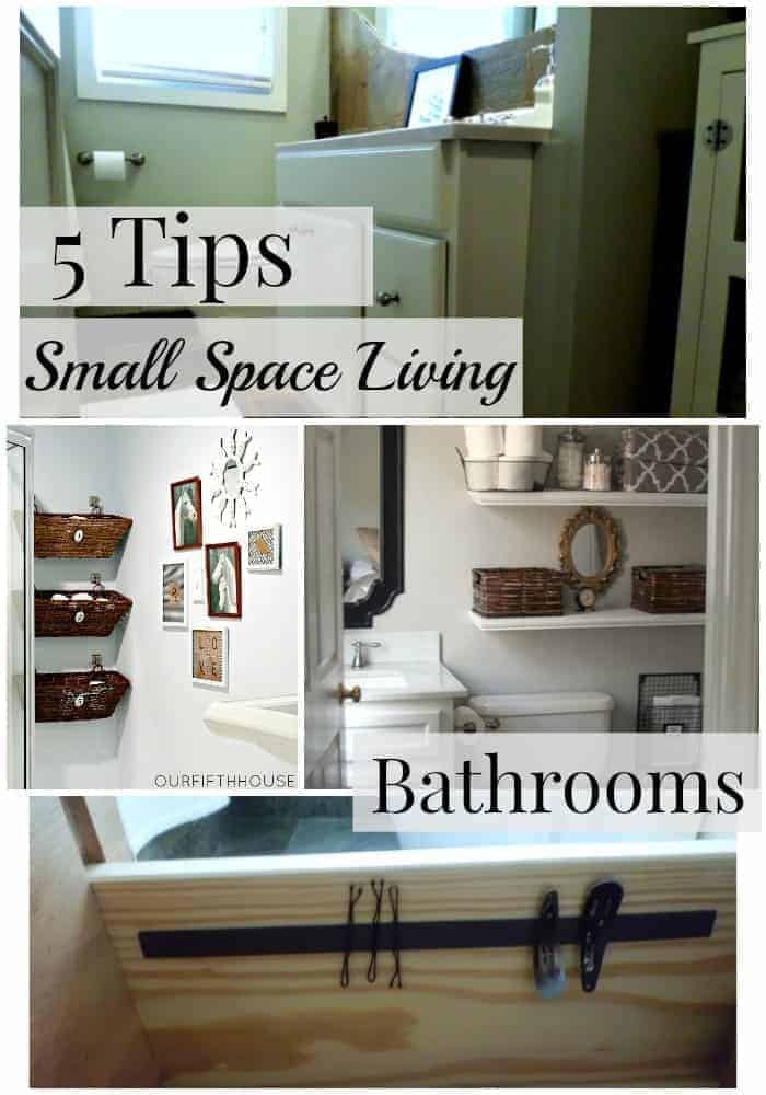 collage with small bathroom organization ideas and a large graphic