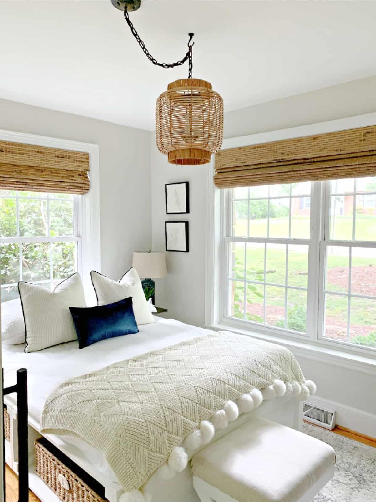 A bedroom with a platform bed