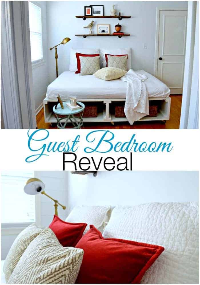 A pretty guest bedroom reveal including a fabulous DIY platform bed with tons of storage and barn wood shelves. | www.chatfieldcourt.com