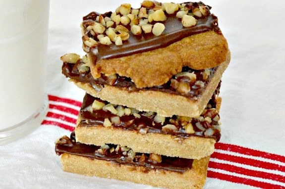 4 toffee square cookies stacked on top of each other