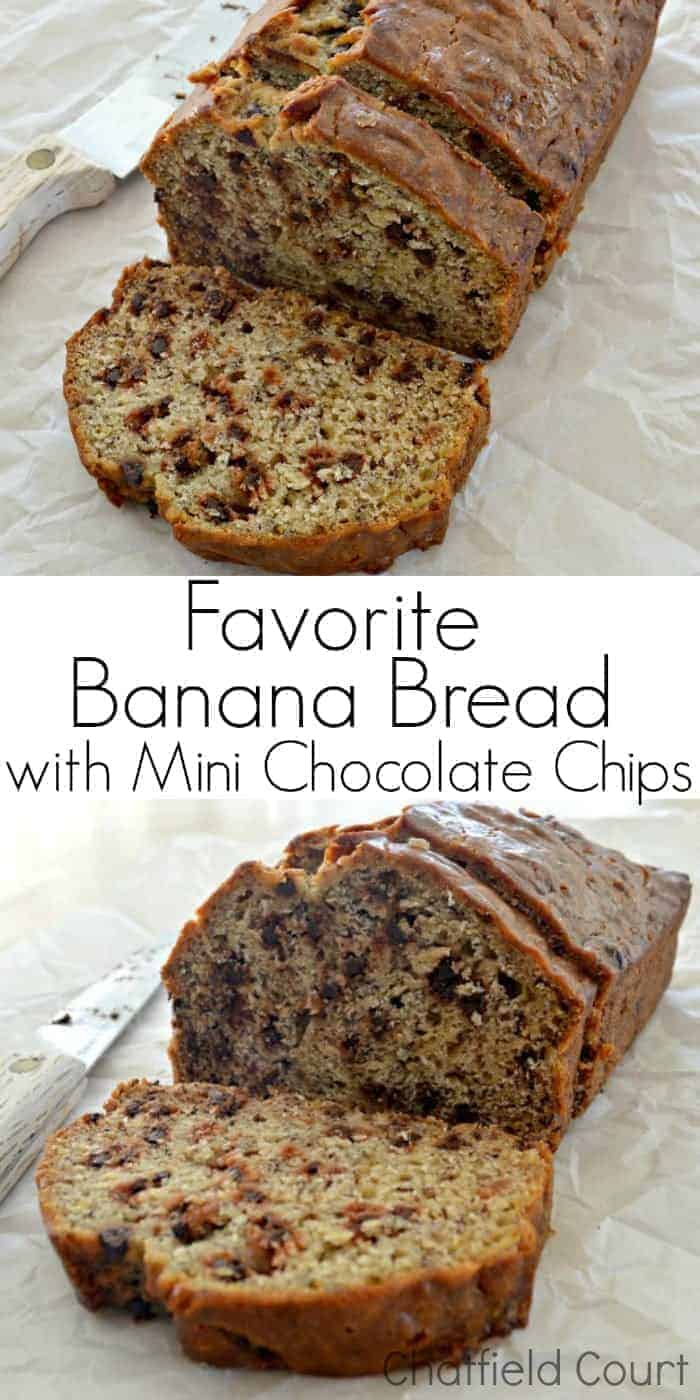 Delicious and seriously easy banana bread recipe with a secret and yummy ingredient...mini chocolate chips!