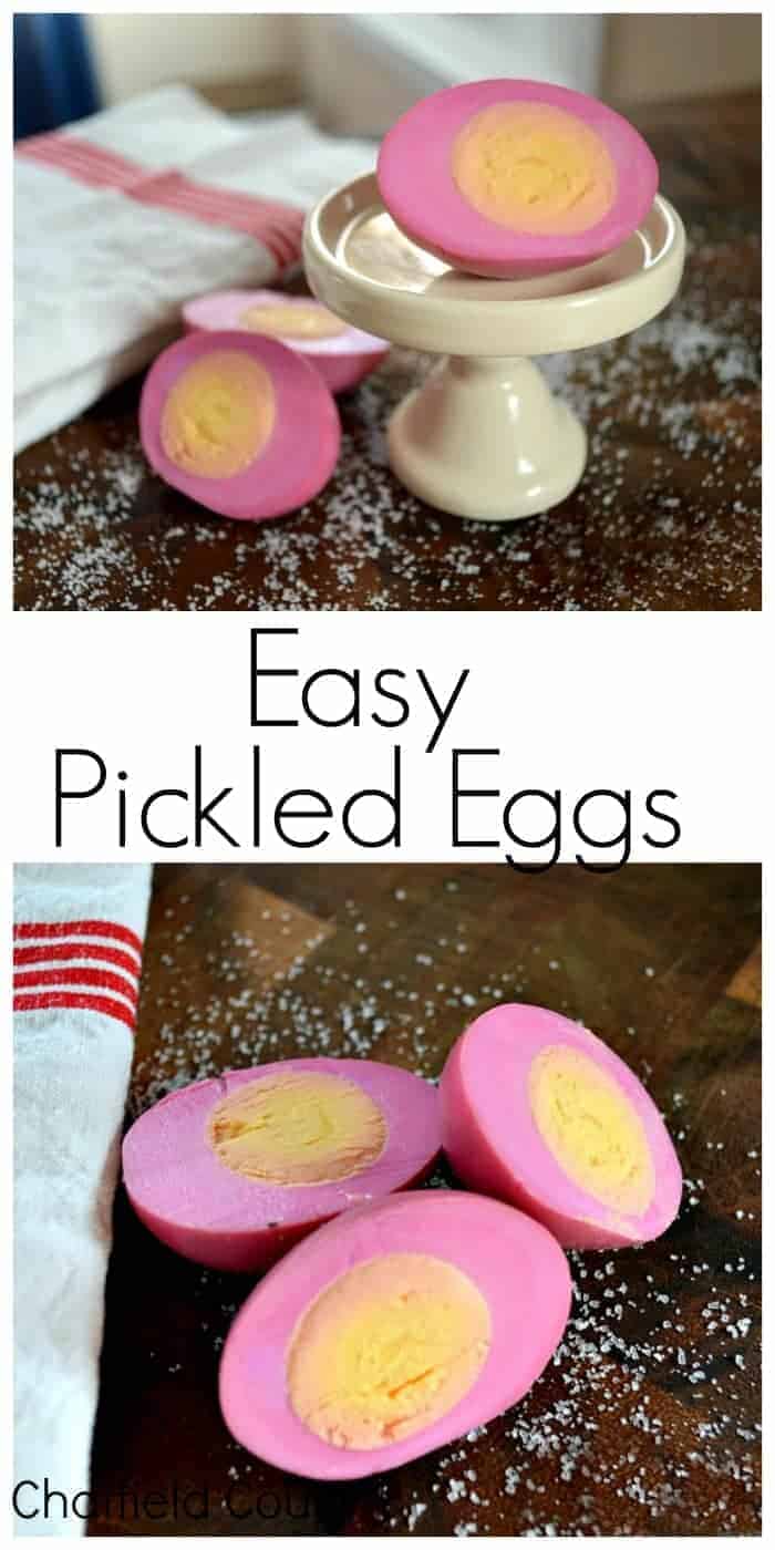 pickled eggs sliced in have on a cutting board, and a pinterest graphic