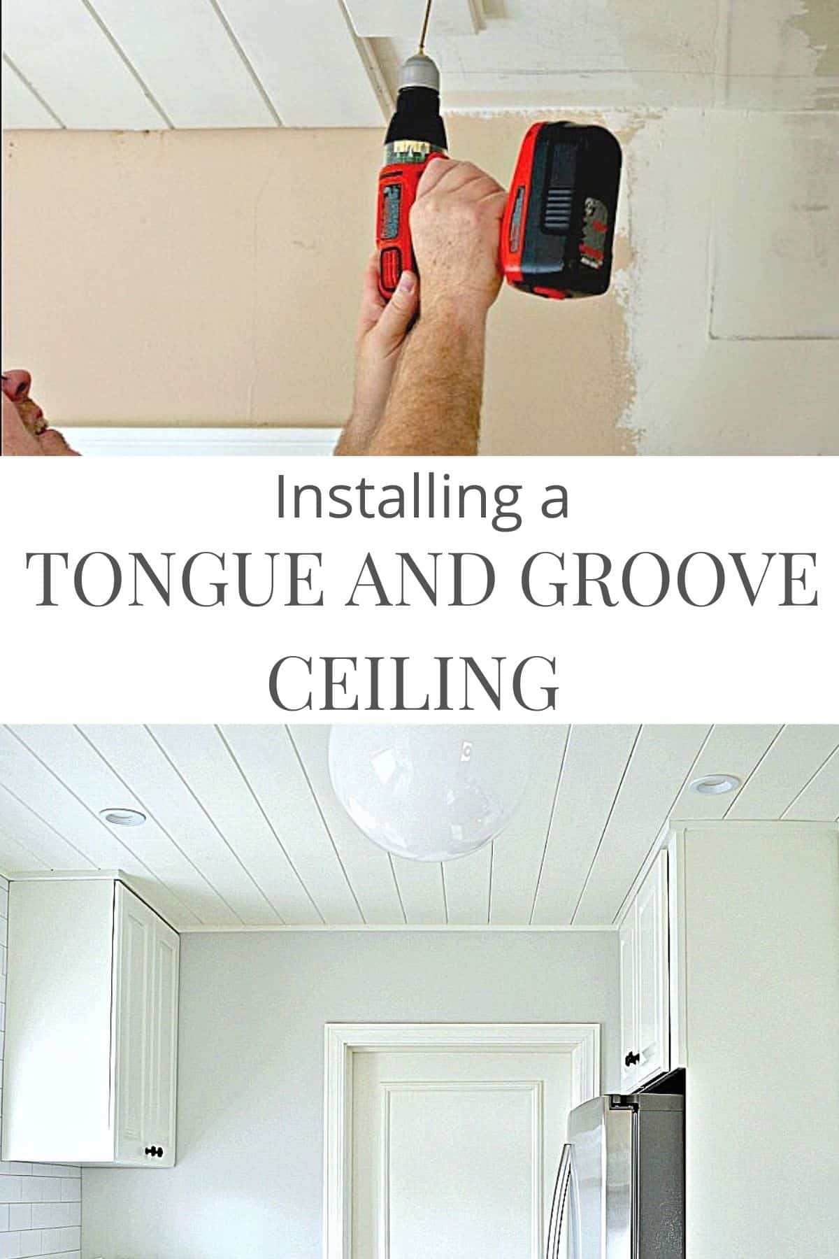 person installing a tongue and groove plank ceiling