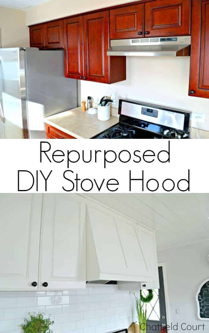 before and after of repurposed DIY stove hood