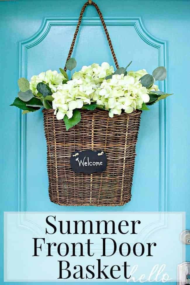 Summer front door basket filled with hydrangea 