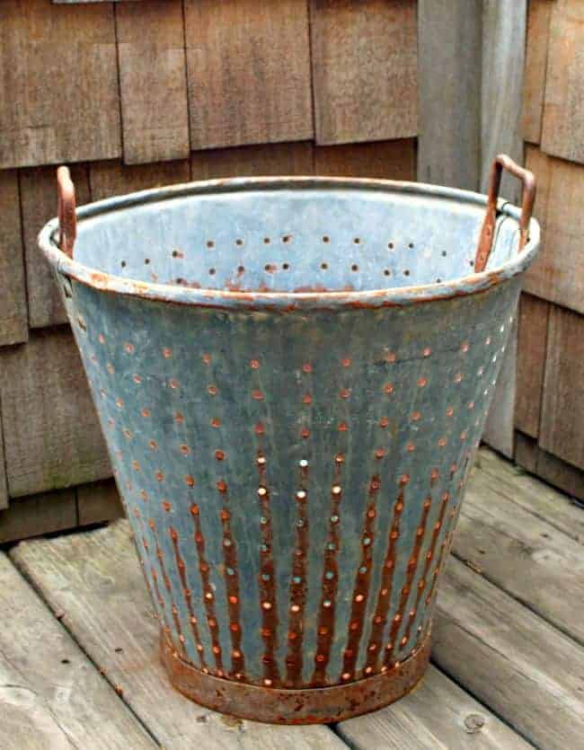 rusty old olive bucket to use in a DIY plant stand