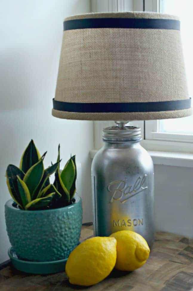 DIY Mason Jar Lamp with lemons and potted plant