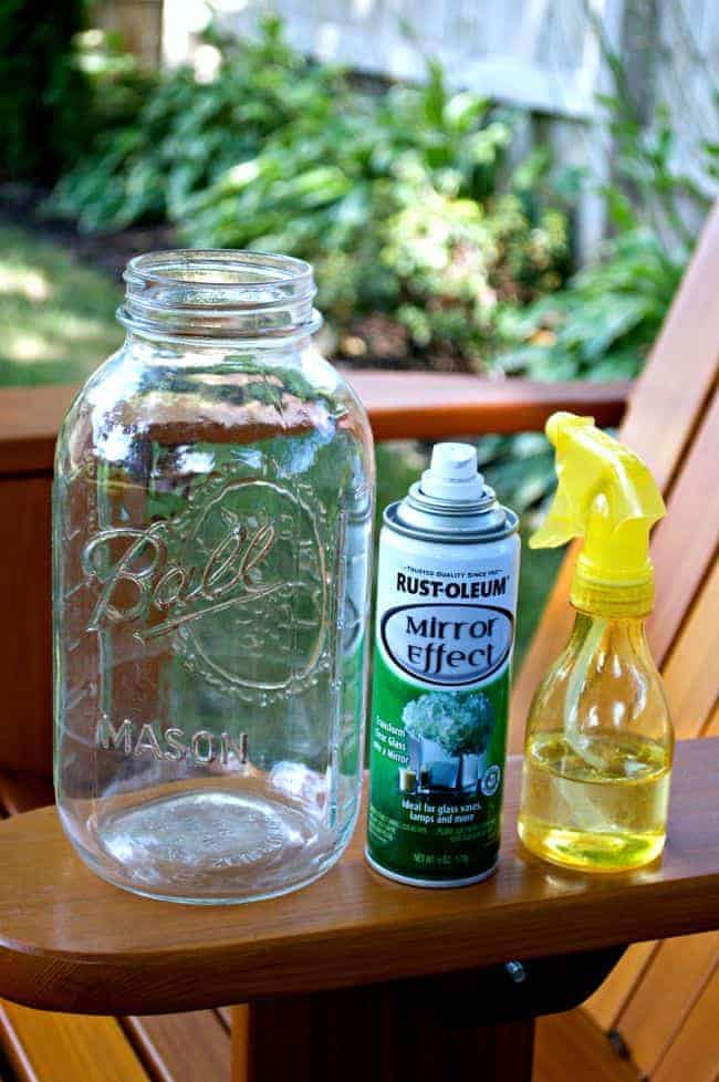 mason jar, mirror effect spray paint and spray bottle with vinegar/water mixture