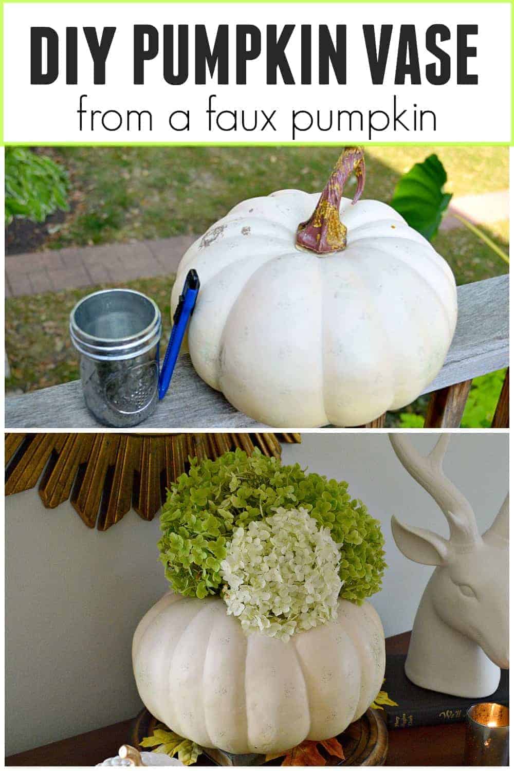 collage with faux pumpkin and faux pumpkin vase, plus a large graphic