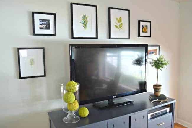 Nature inspired TV gallery wall added in a small living room | www.chatfieldcourt.com 