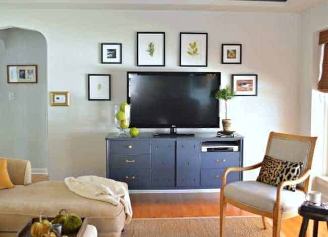 Nature inspired TV gallery wall added in a small living room | www.chatfieldcourt.com
