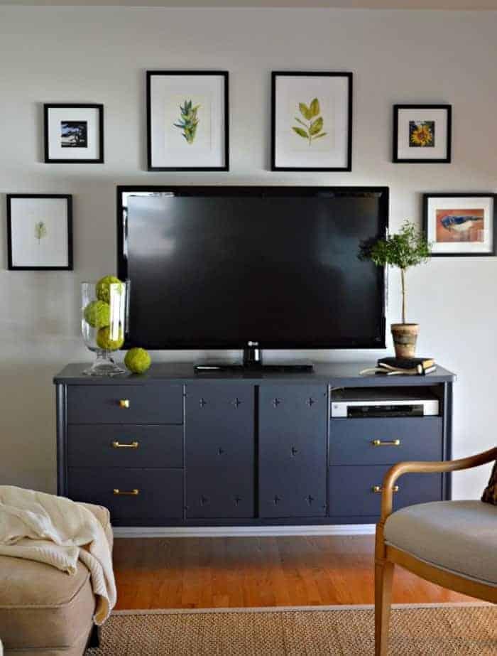 TV gallery wall using nature prints and Potterybarn frames