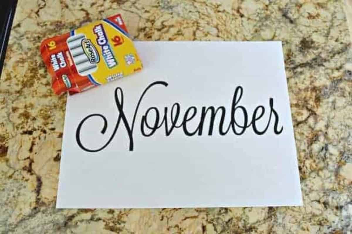Easy chalkboard calendar printed month and box of chalk | www.chatfieldcourt.com November printed out on paper, and box of chalk