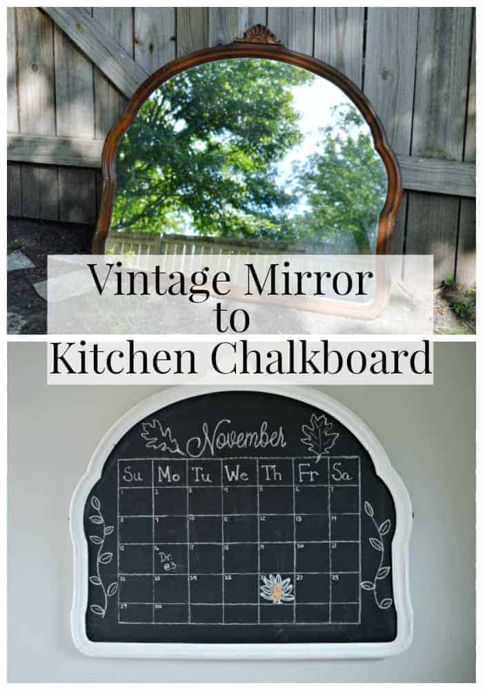 vintage mirror and kitchen chalkboard with large graphic over the top