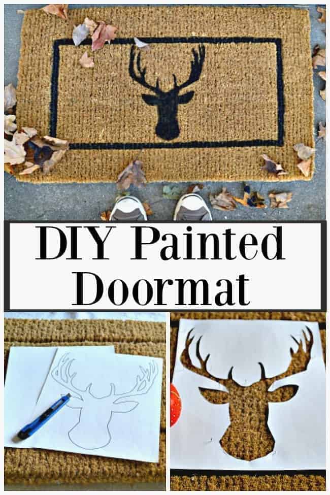 A collage with a finished DIY deer head doormat, a stencil on a door mat and a deer head stencil cut out of paper