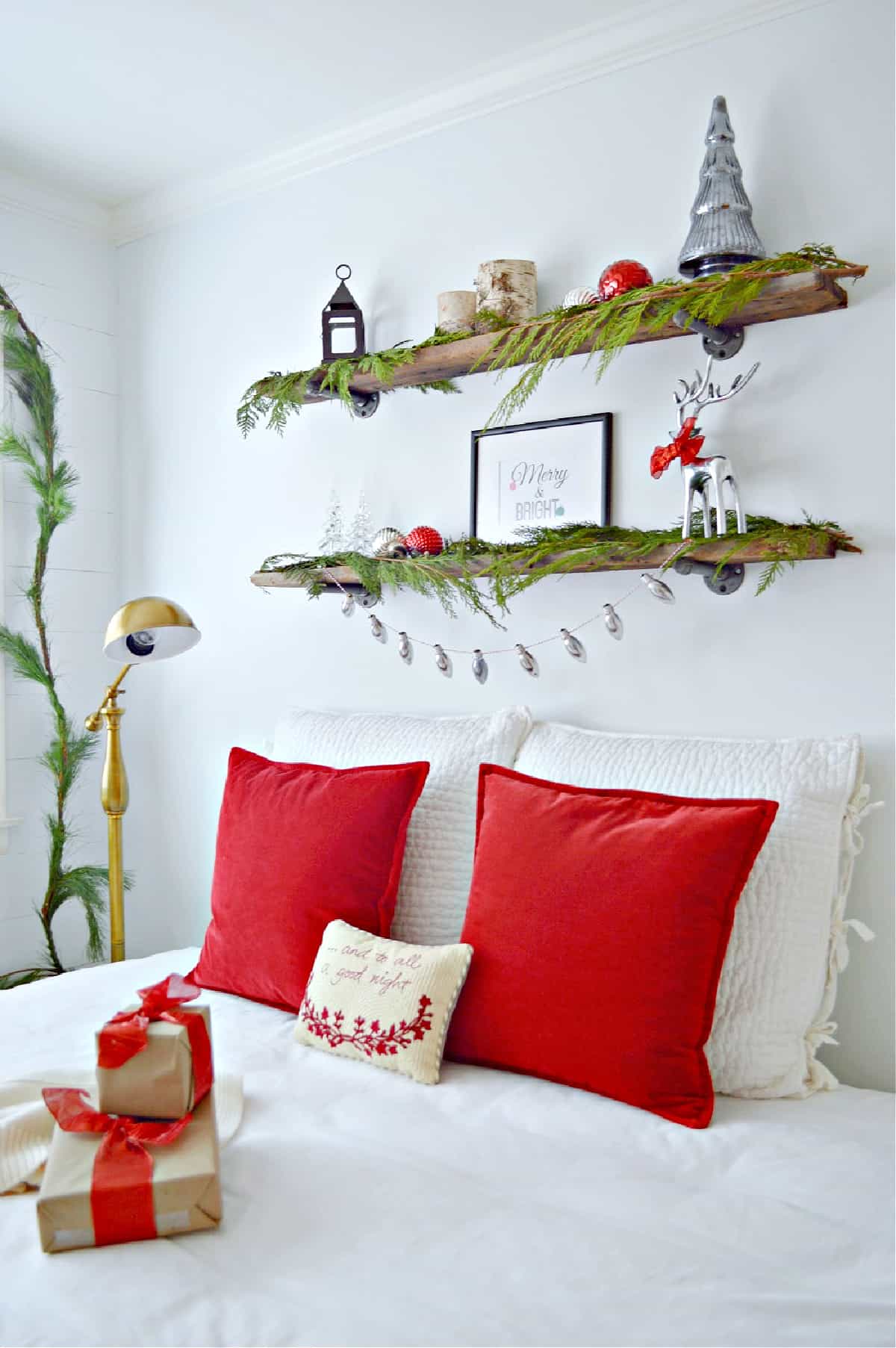 bedroom decorated in red for Christmas