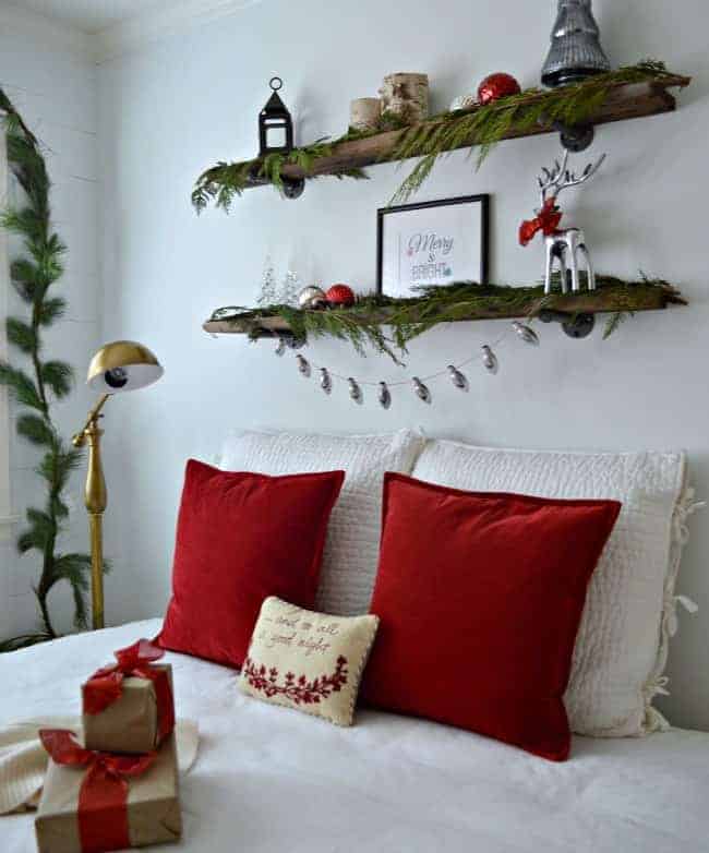 Christmas in the guest bedroom using red velvet and fresh greens | www.chatfieldcourt.com