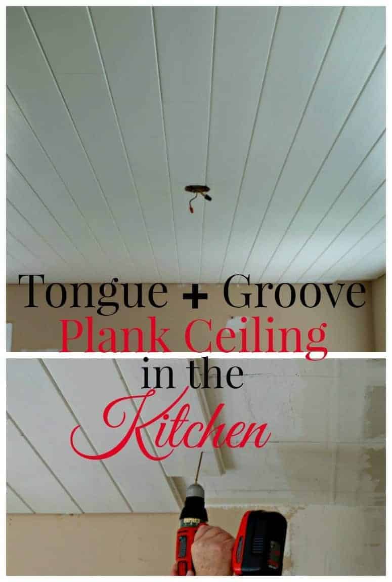 collage of tongue and groove plank ceiling in a kitchen 