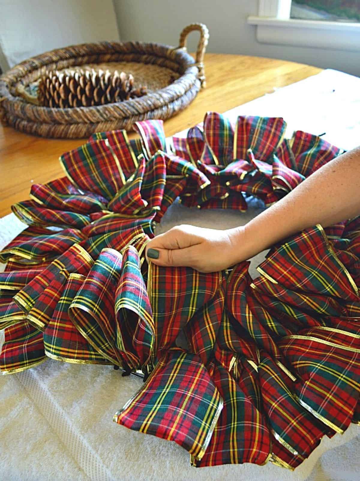 pulling loops on DIY ribbon wreath