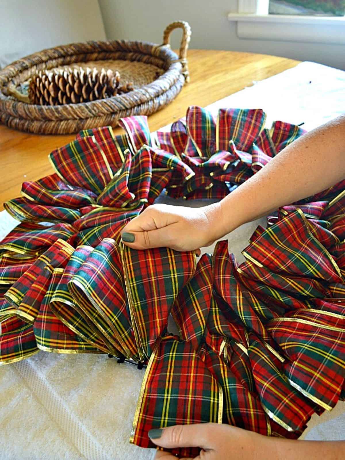 pulling loops on DIY ribbon wreath