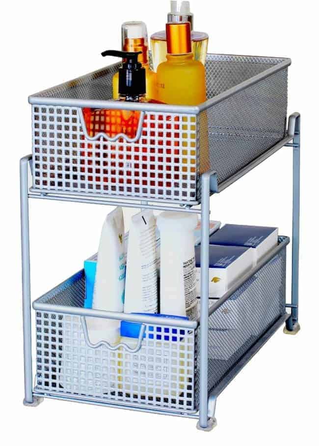 bathroom toiletries in metal storage drawers