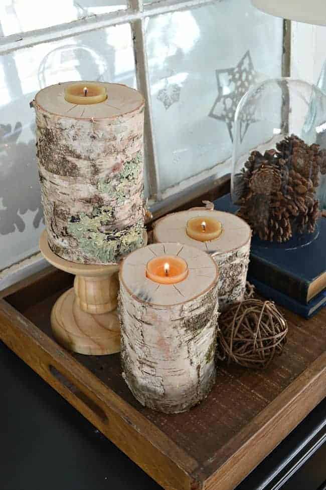 These rustic wood candleholders are an easy DIY. Made from a birch log, they can hold a taper candle and a tea light. | www.chatfieldcourt.com