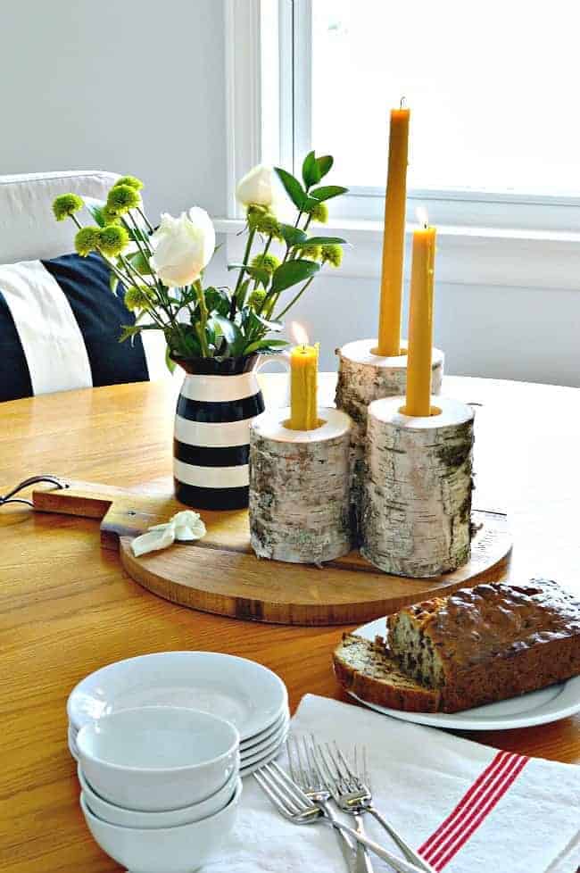 These rustic wood candleholders, made from birch, are an easy DIY and they can hold a taper and a tea light. | www.chatfieldcourt.com