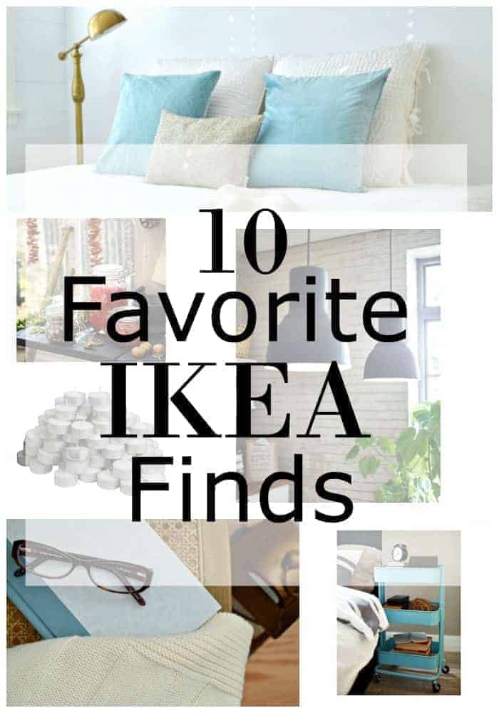 10 favorite IKEA finds graphic with pictures of pillows, a throw, a rolling cart and hanging lights