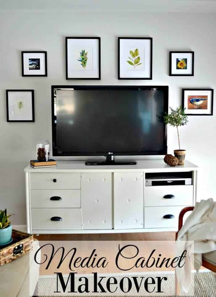 Giving a media cabinet a makeover, for the second time, using Benjamin Moore White Dove and cup pulls from Lowes. | www.chatfieldcourt.com