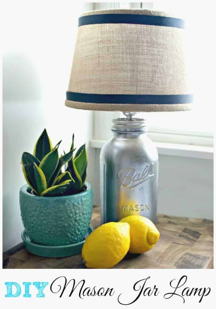 DIY mason jar lamp using mirror effect spray, a light kit and a burlap shade. A pretty addition to a newly remodeled kitchen. | www.chatfieldcourt.com