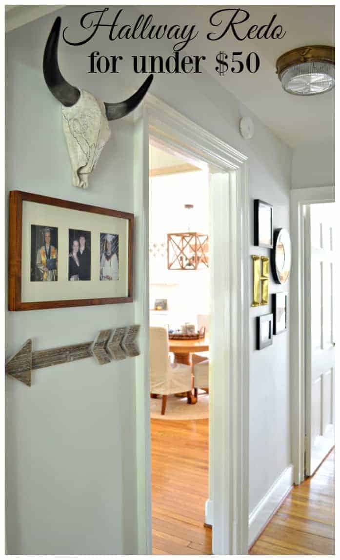 A small hallway redo using gray paint, some farmhouse decor and lots of family photos. www.chatfieldcourt.com