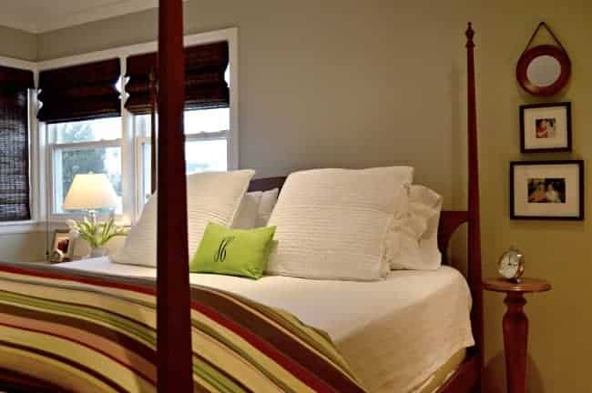 Small master bedroom remodel with Benjamin Moore Hazy Skies paint color and Pottery Barn bedding.