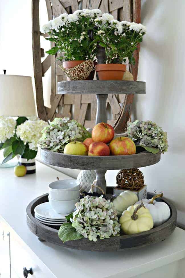 A 3 tiered tray decorated for a fall home | Seasonal Harvest Tour. 