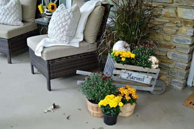 A fall front porch tour with mums, a cozy throw and pillows. www.chatfieldcourt.com