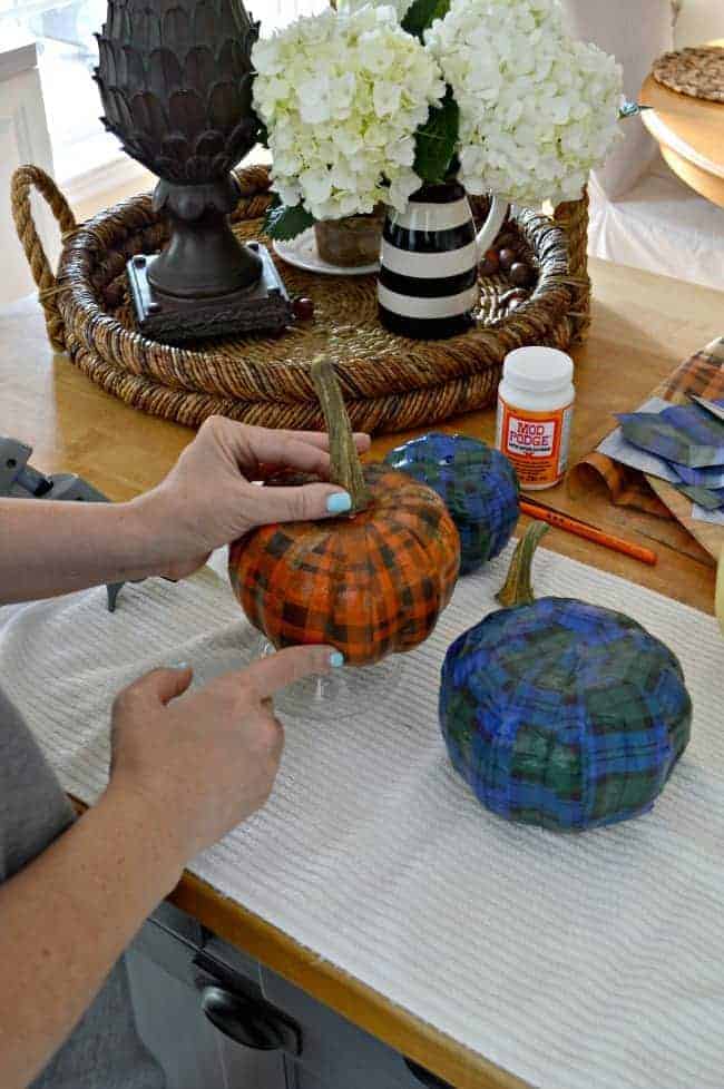 attaching pumpkin stem on orange plaid pumpkin