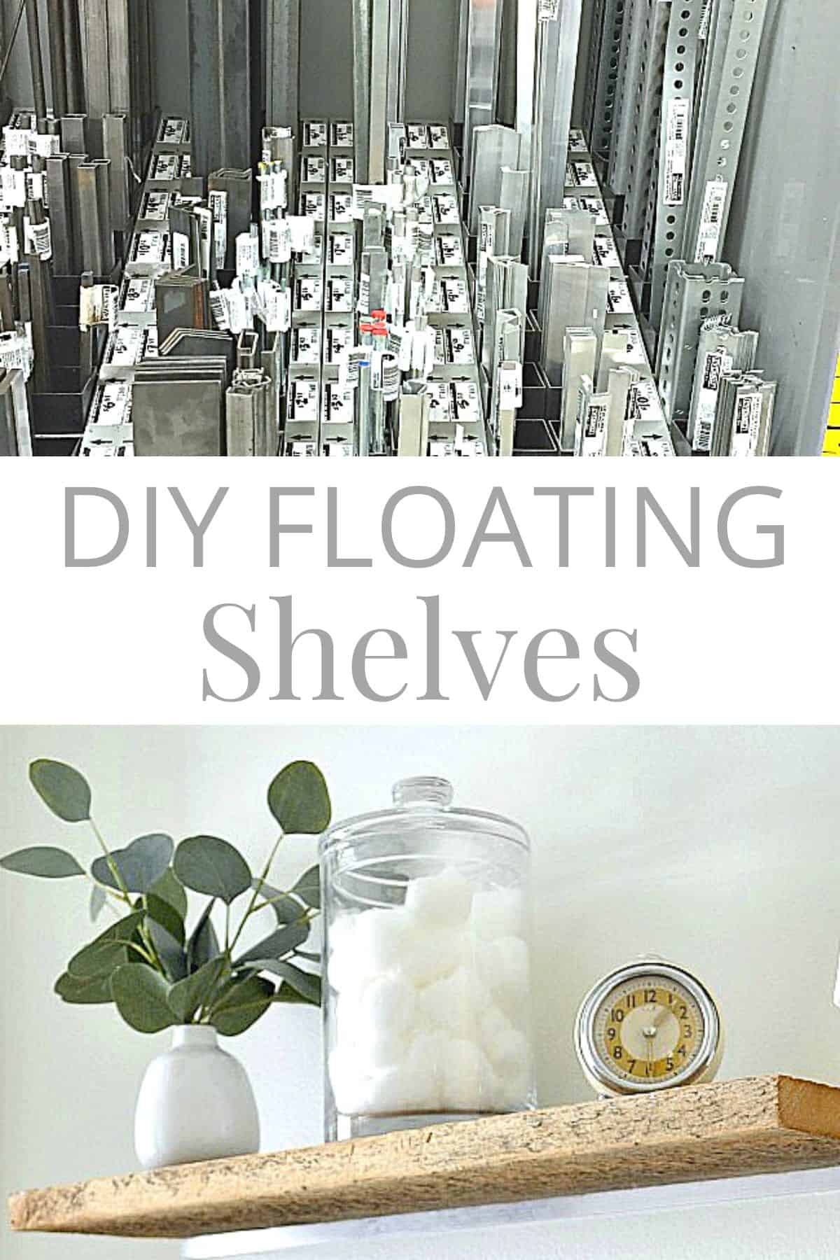 metal rod display and DIY floating shelves with decor in bathroom