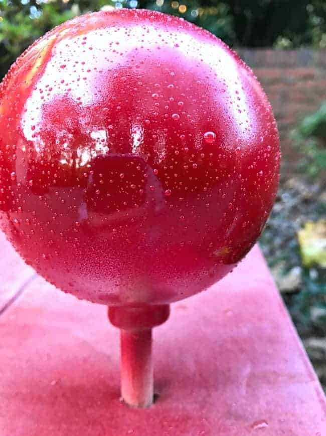 red painted glass ornament with water beads on it
