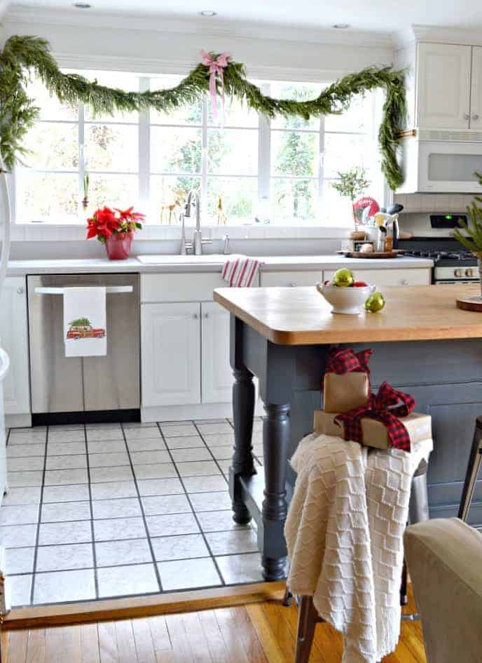 A kitchen decorated for Christmas