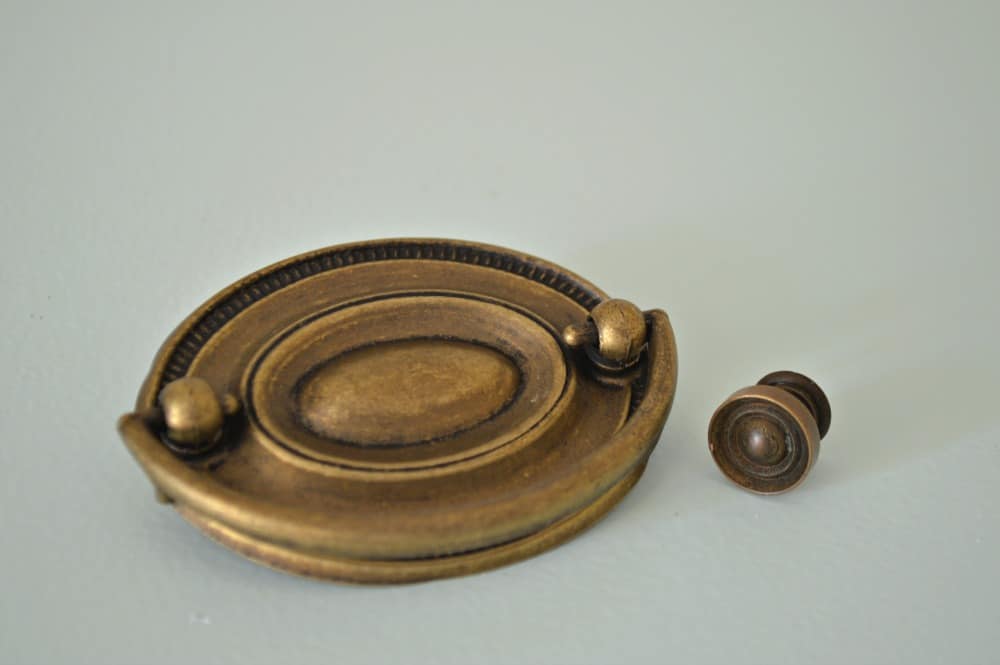 antique brass hardware for DIY dresser makeover