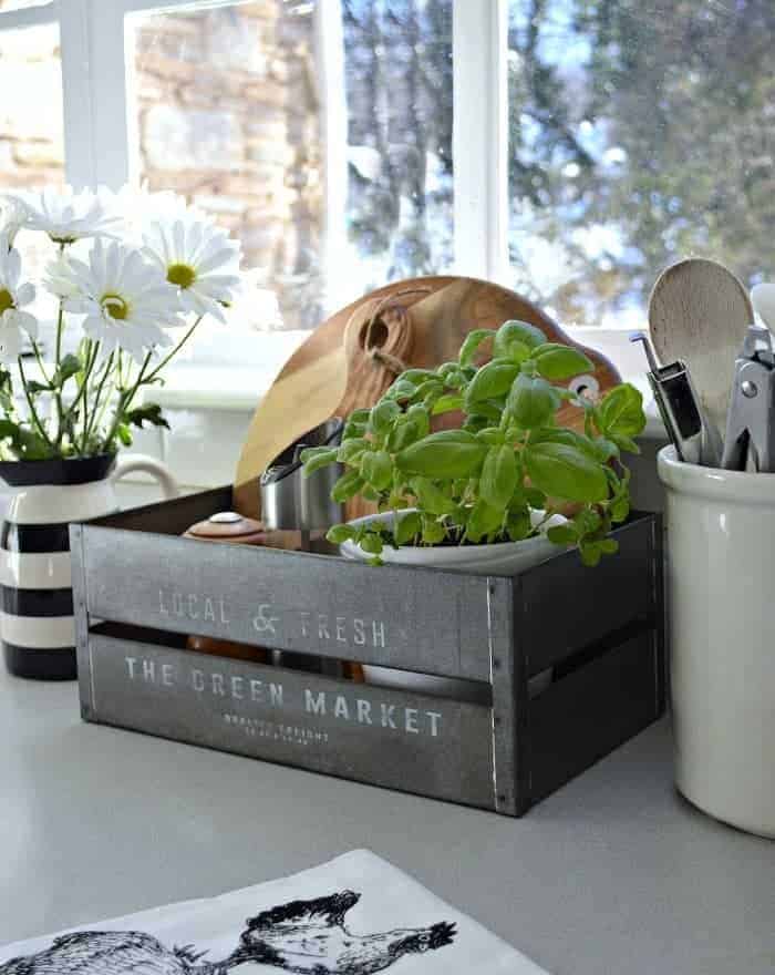 small metal bin with basil plant and wood cutting boards used for cheap kitchen organization 